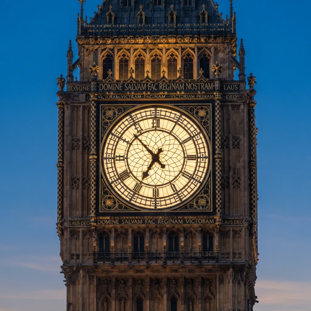 The intricate details of the clock face glowing against the evening sky.