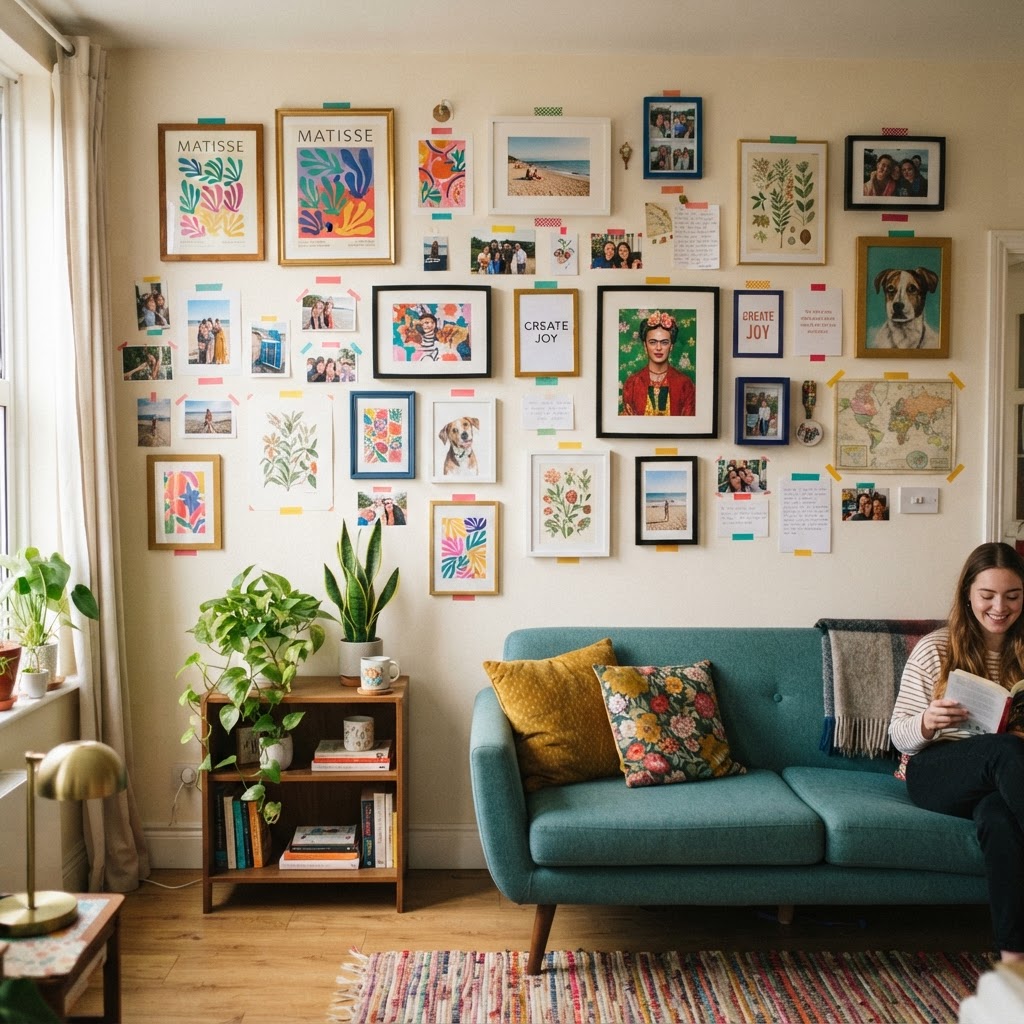 Use adhesive strips to design a gallery wall that is 100% rental friendly.
