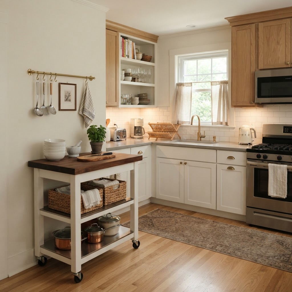 A rolling cart functions as both storage and a flexible extra counter.
