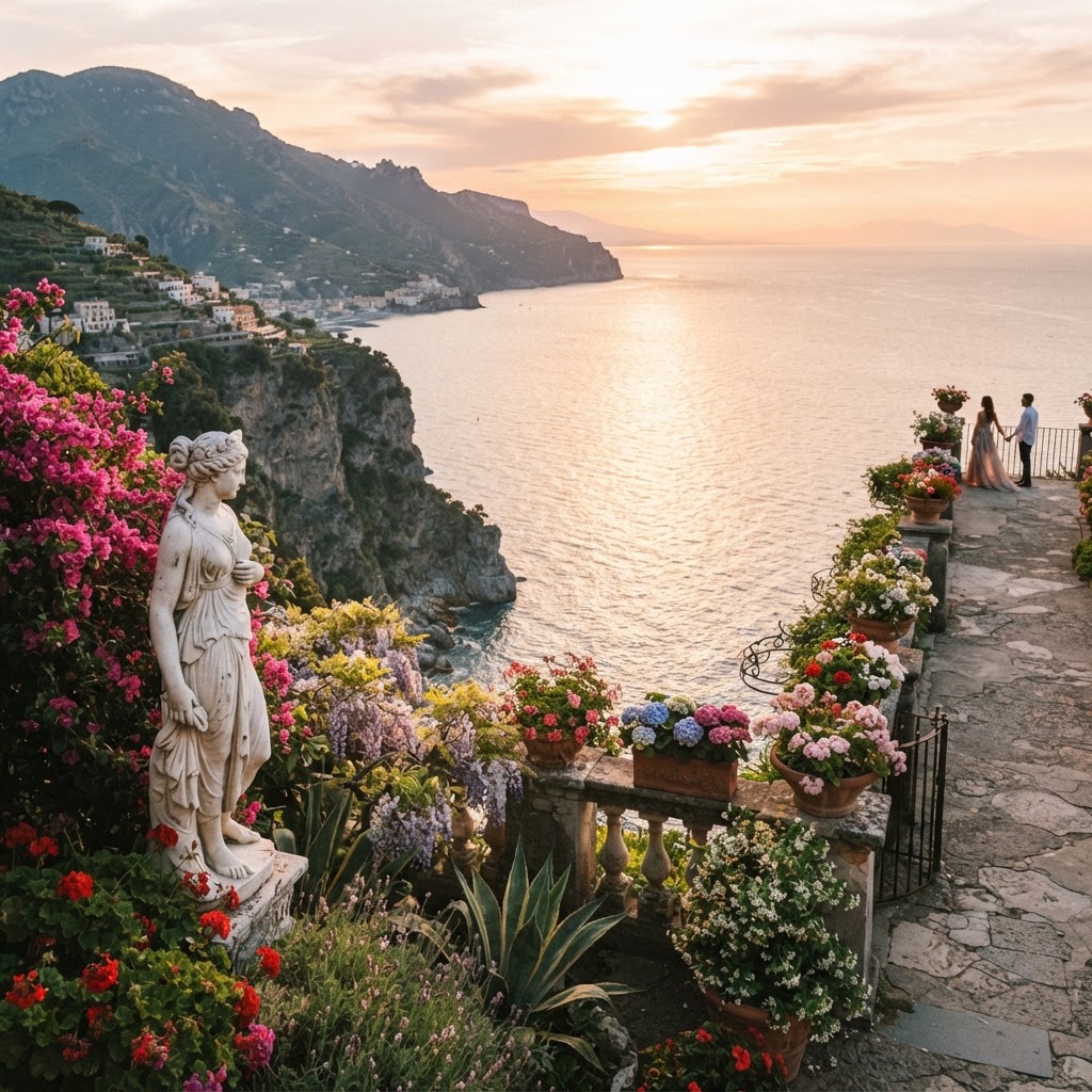 The magical view from Ravello, offering one of the most famous sunsets in Italy.