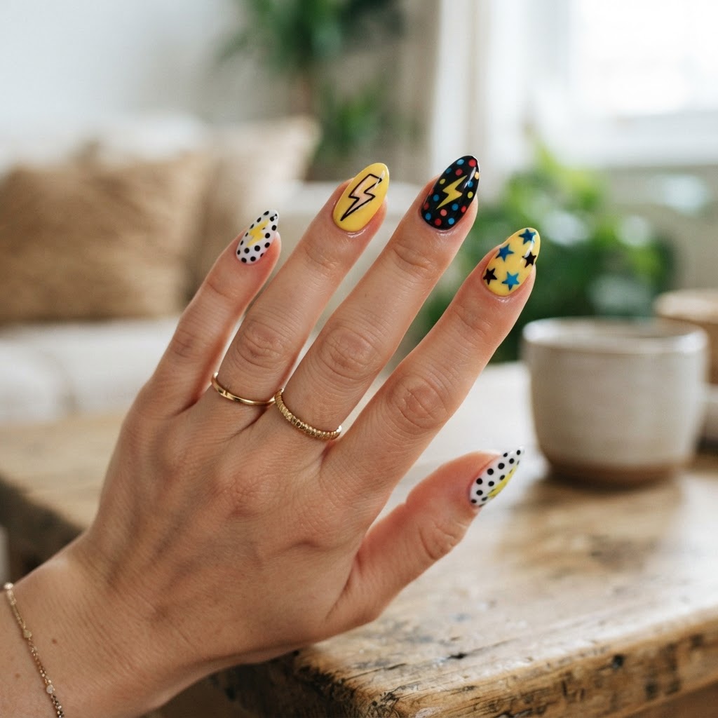 Pop-art themed almond nails with artistic dots and iconic comic graphics.