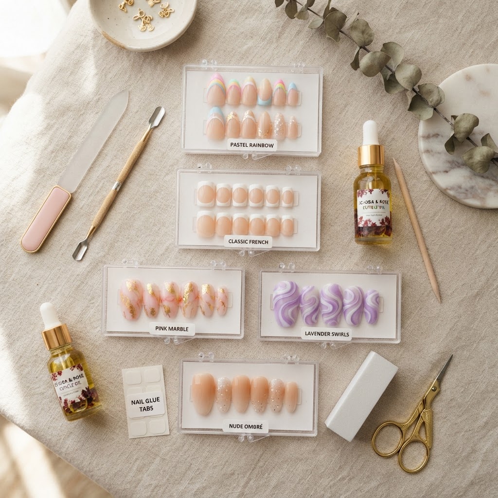 Assorted press-on nail designs and tools.