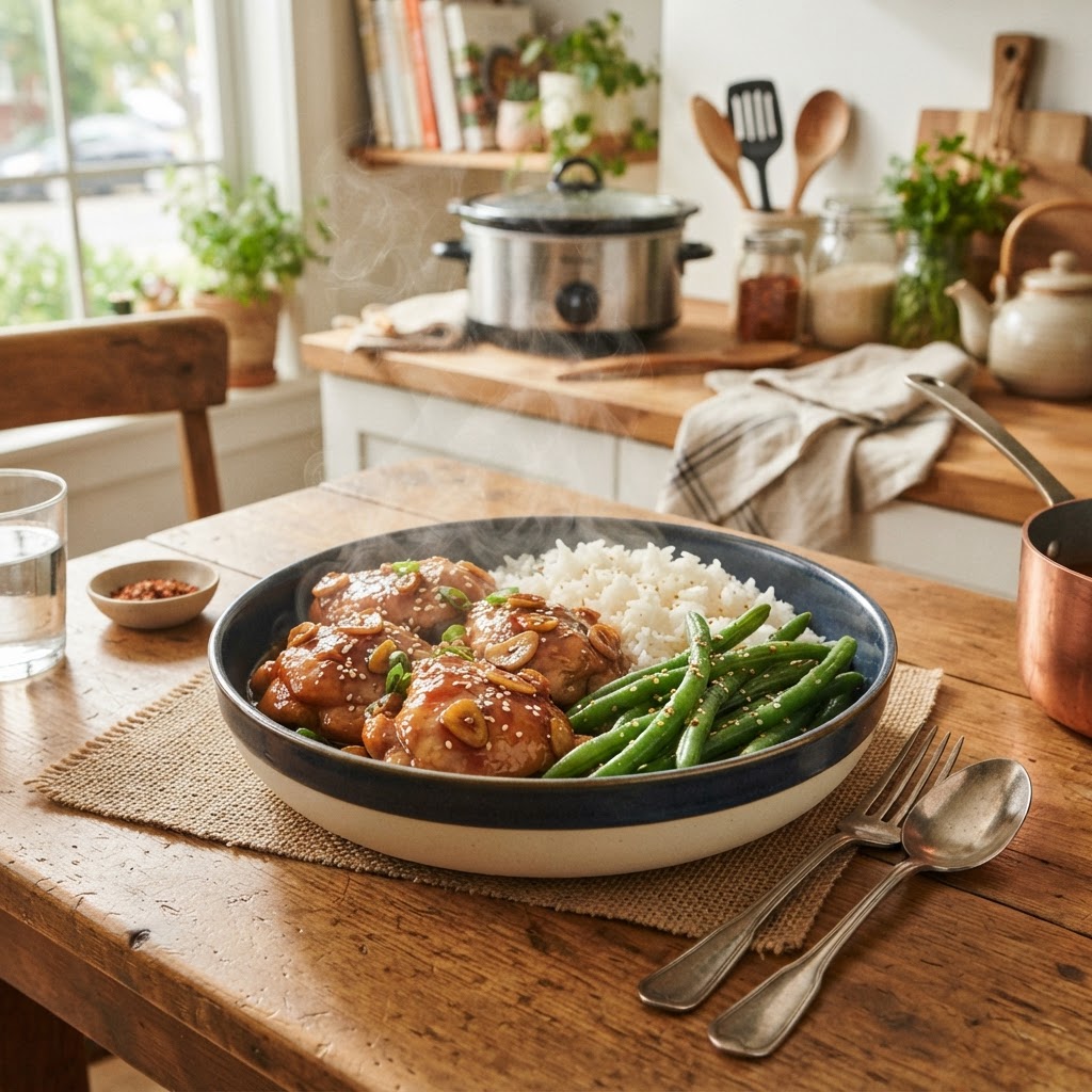 The perfect healthy chicken dinner served with rice and vegetables.