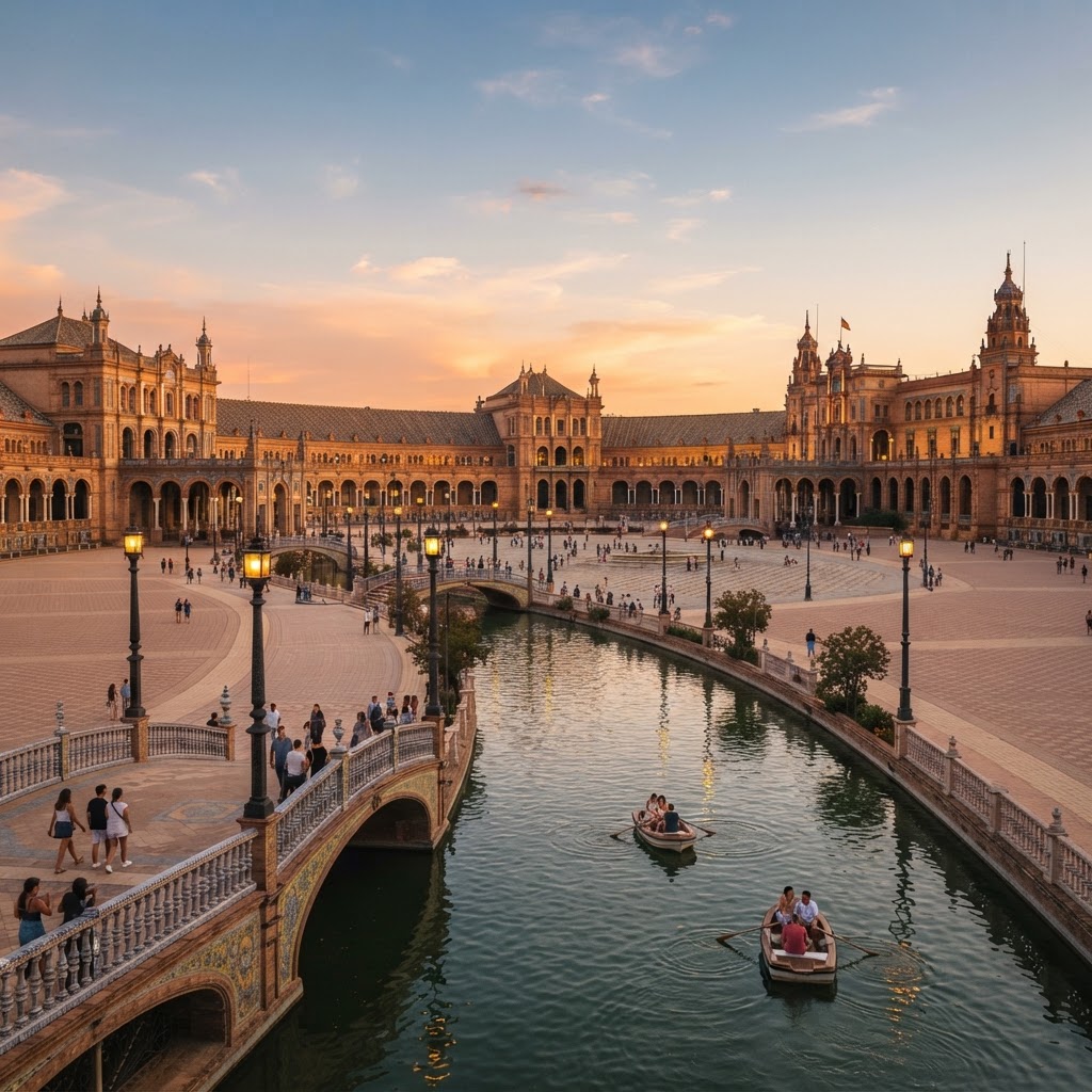 The breathtaking golden light at Plaza de España, Seville.