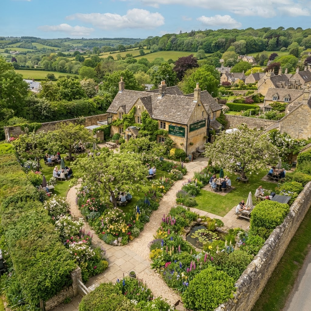Stunning garden design at one of the top historic pubs in the Cotswolds.
