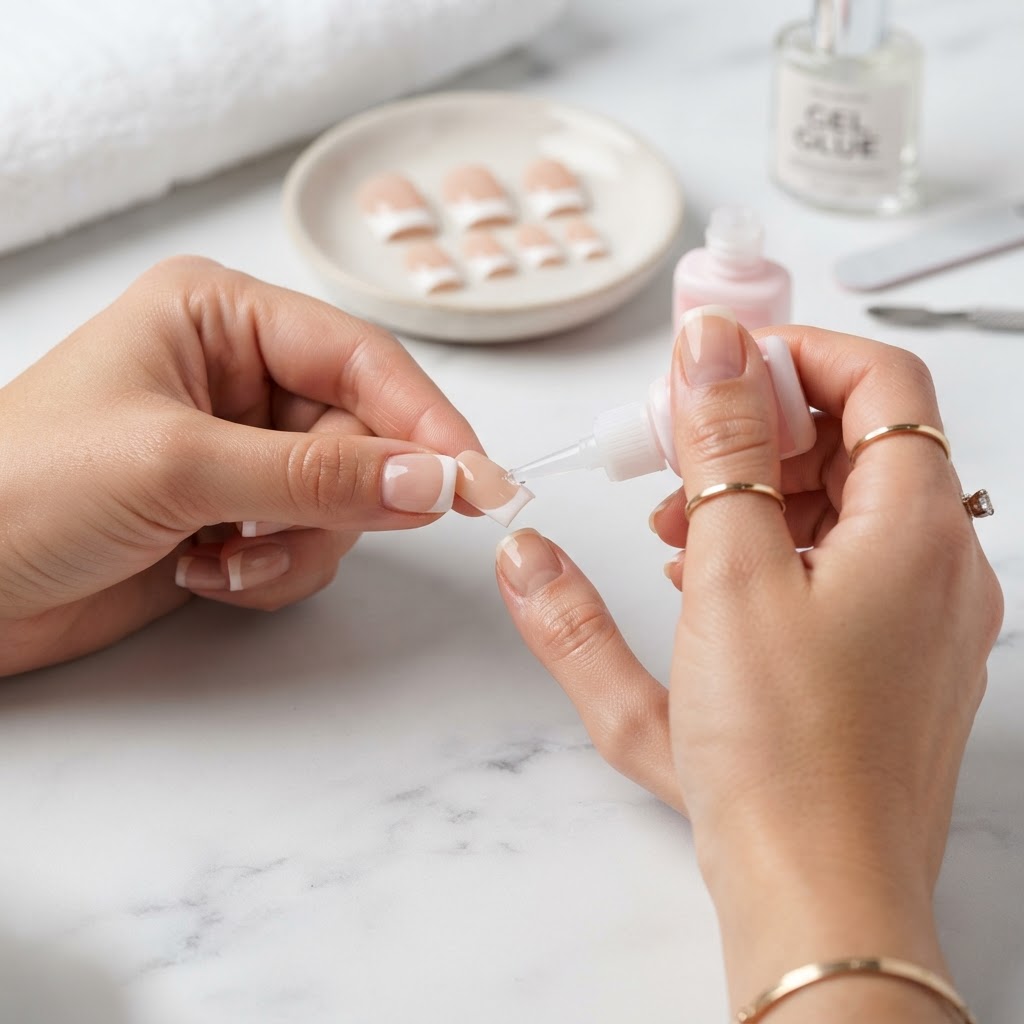 Applying press on nails french at home for a quick and clean salon-style manicure.