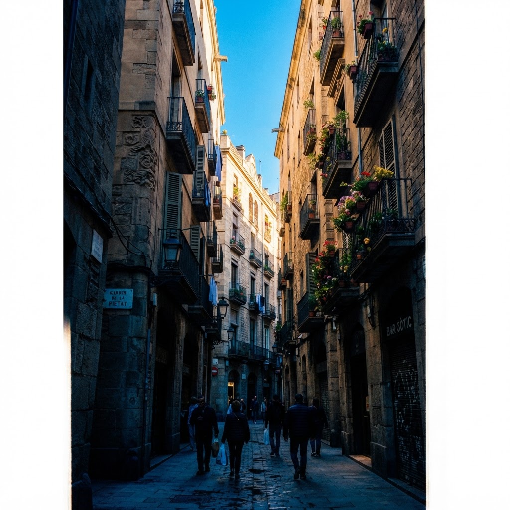 Contrasting light and shadow in the narrow, historic streets of the Gothic Quarter.
