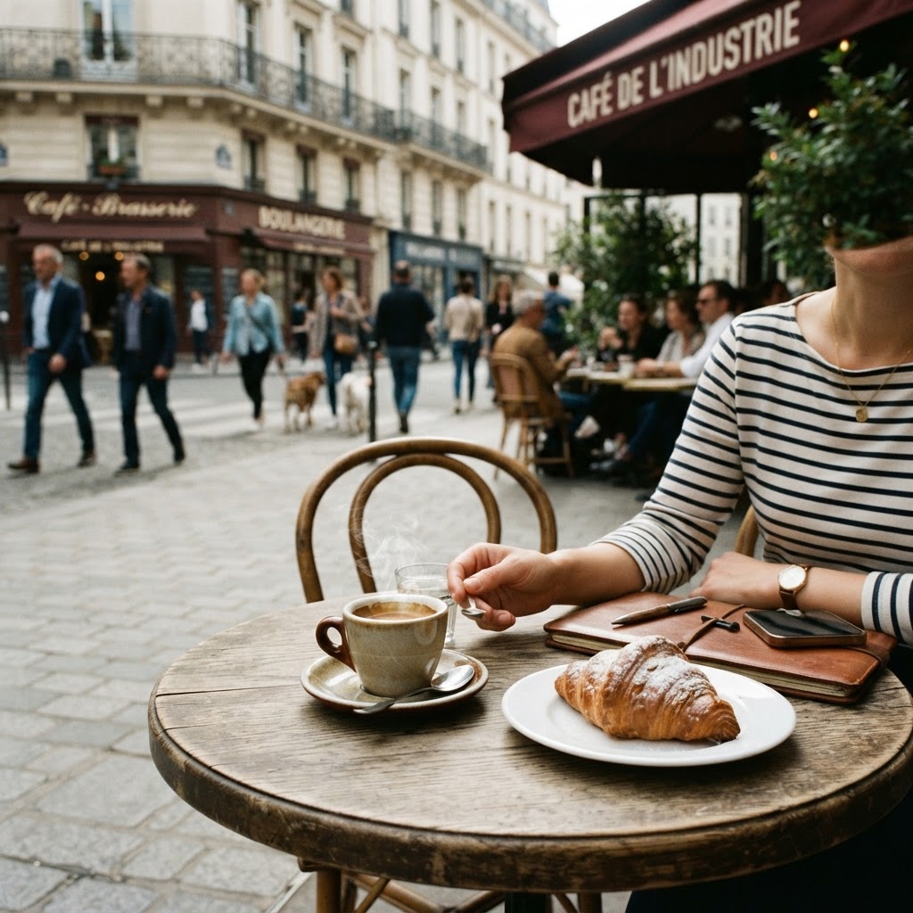 A classic, cozy morning at a Parisian sidewalk cafe.