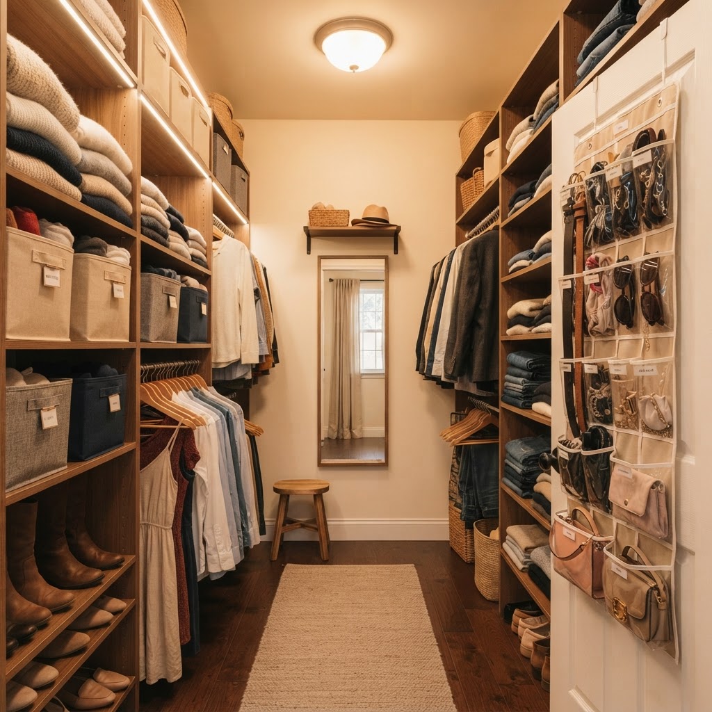 Vertical closet organizers help reclaim floor space.