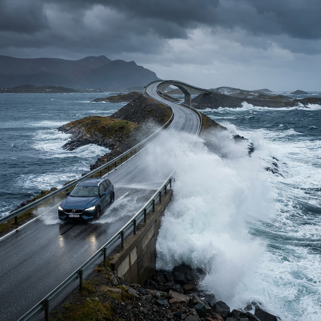 Dramatic waves crashing against the road highlight the intense beauty of the Norwegian coastline.