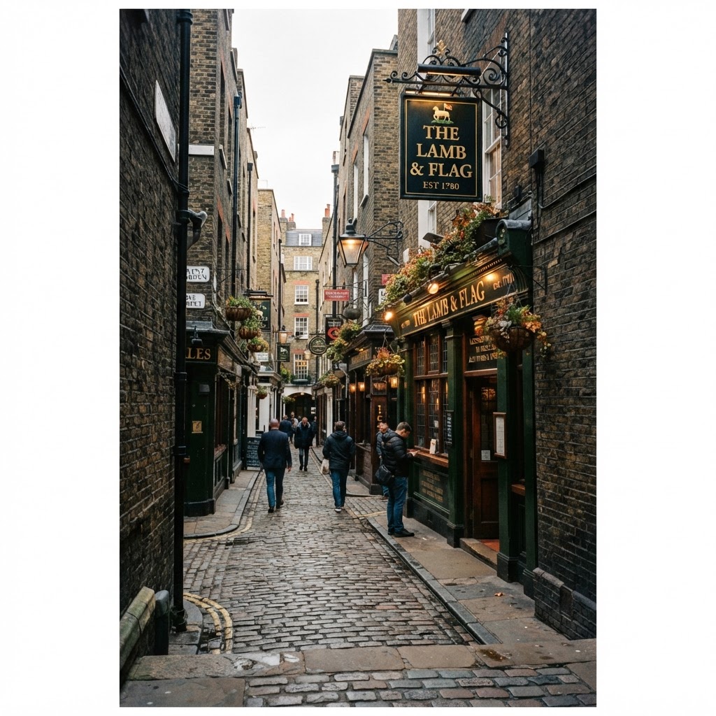 The charming, hidden entrance of the Lamb & Flag.