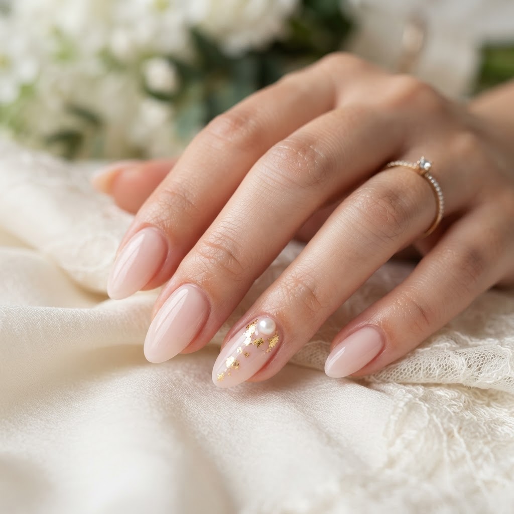 Almond-shaped nails with pearl and gold leaf for a refined bridal look.
