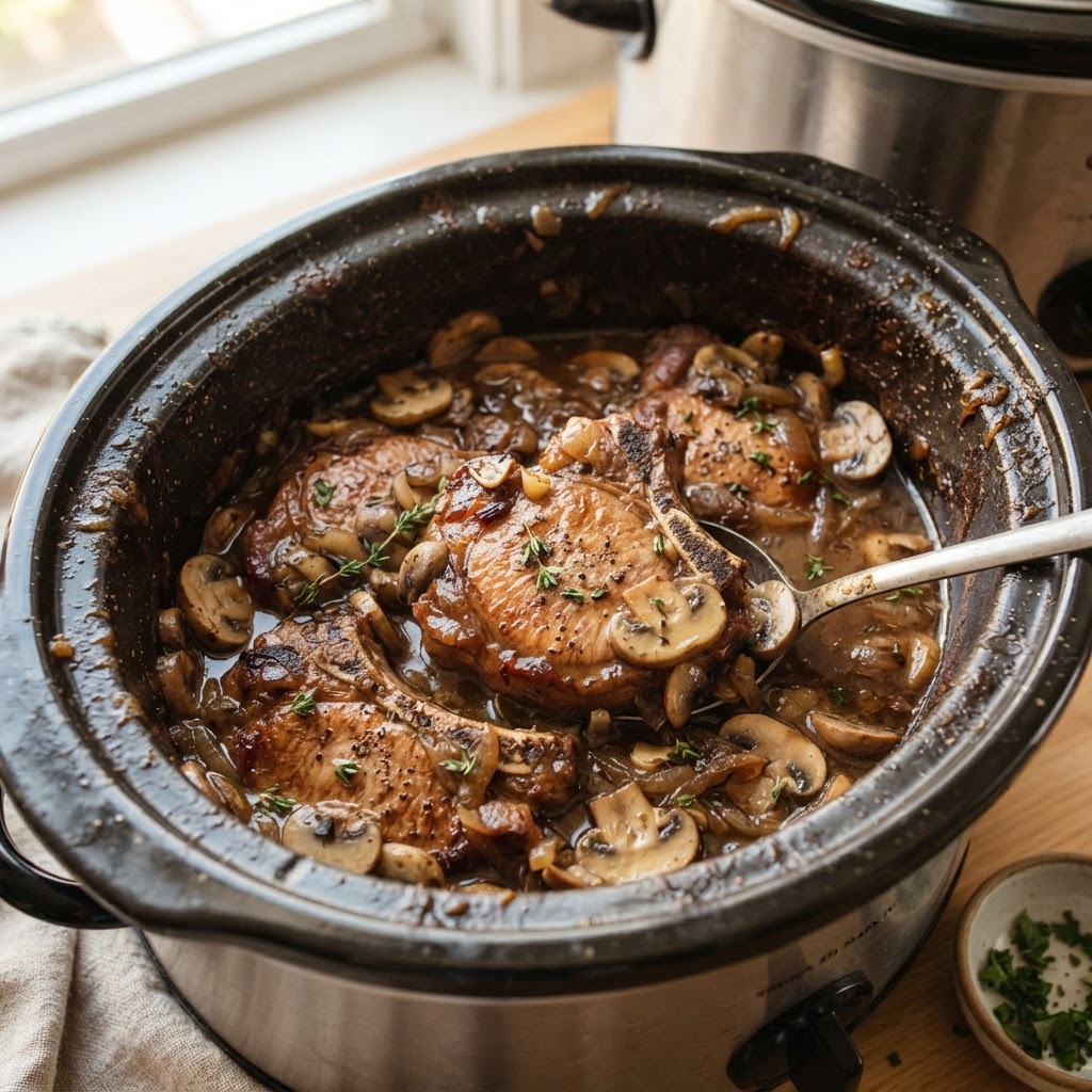 Succulent pork chops slow-cooking to perfection in a savory sauce.