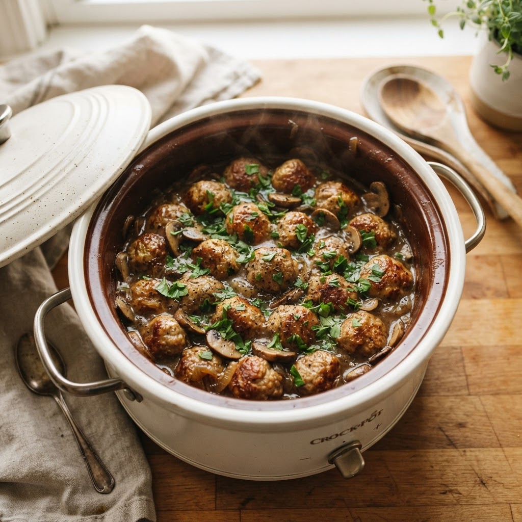 Classic Salisbury steak meatballs simmering in rich gravy.