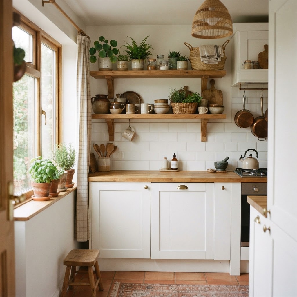 Open wooden shelving helps maximize space while displaying personal treasures.