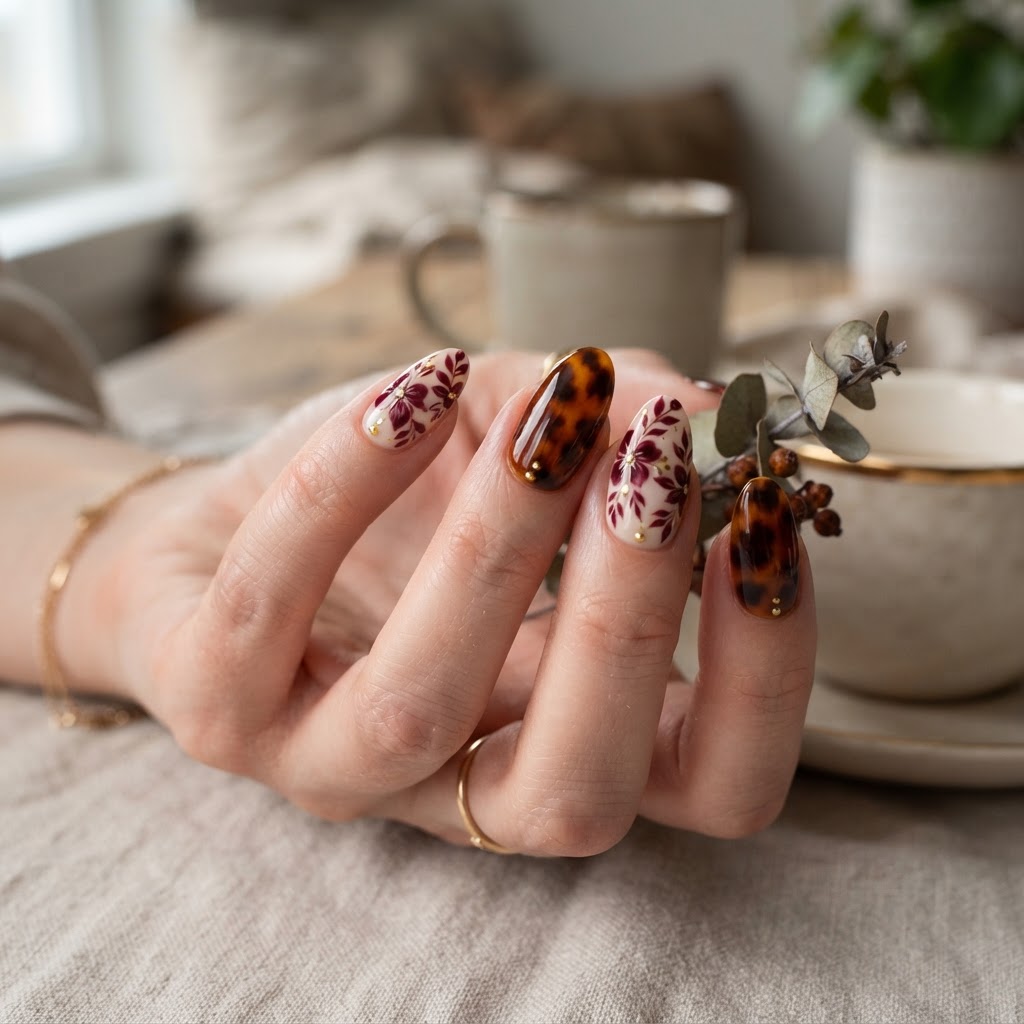Burgundy floral and tortoiseshell press-on nail design.