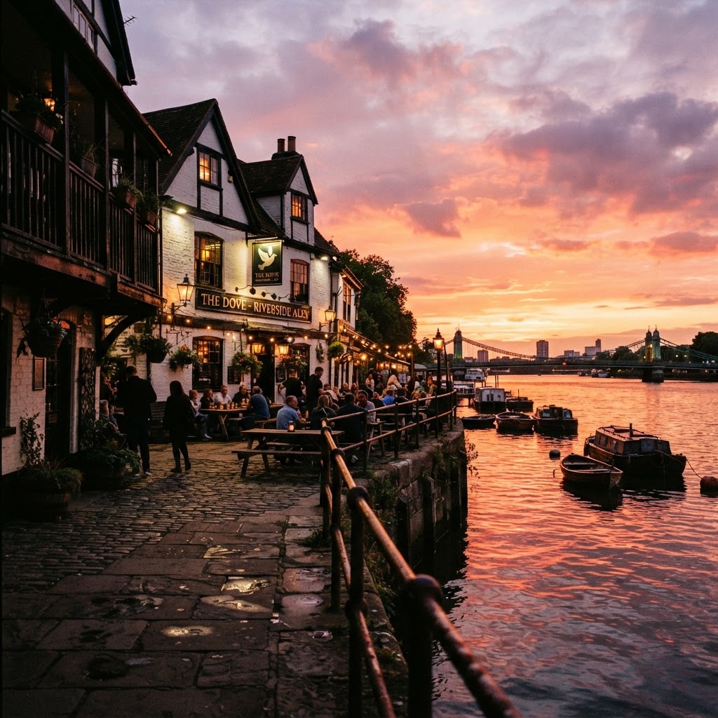 Sunset views from the riverside at The Dove.