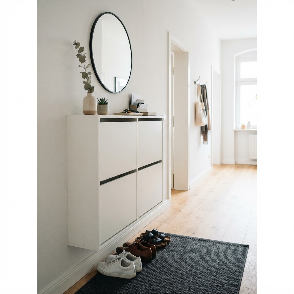 Sleek white tip-out cabinets disappear into this narrow hallway.