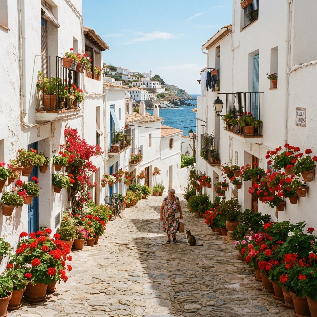 Wandering the charming, flower-lined streets of an coastal village.
