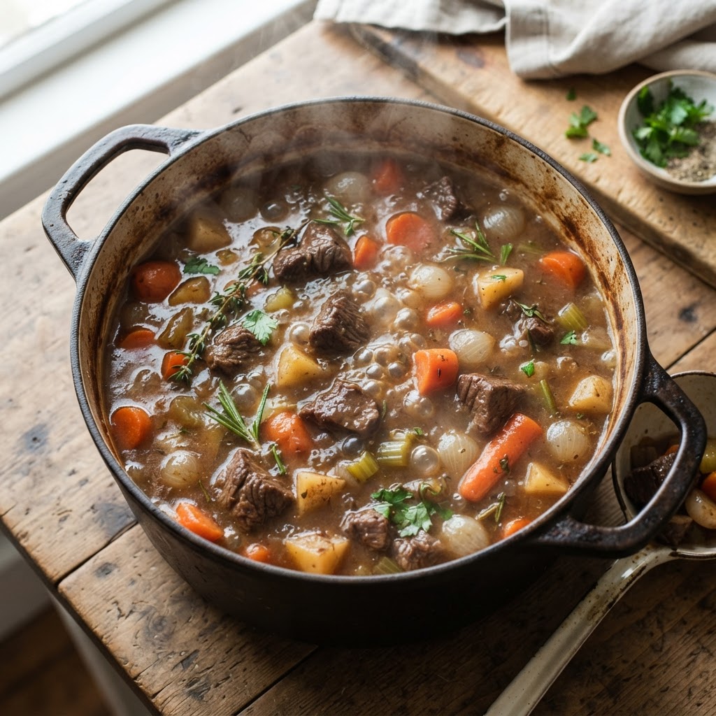 The perfect, slow-cooked beef stew ready to be served.