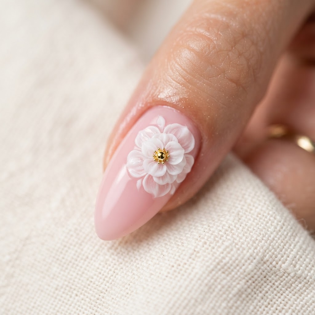 Elegant 3D flower detail on an almond-shaped soft pink nail.