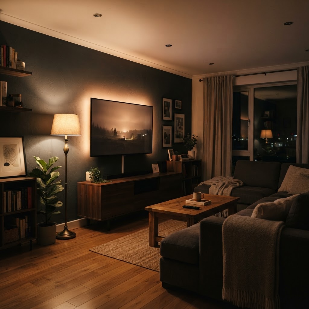 Smart backlighting creates a theater-like atmosphere in your living room.