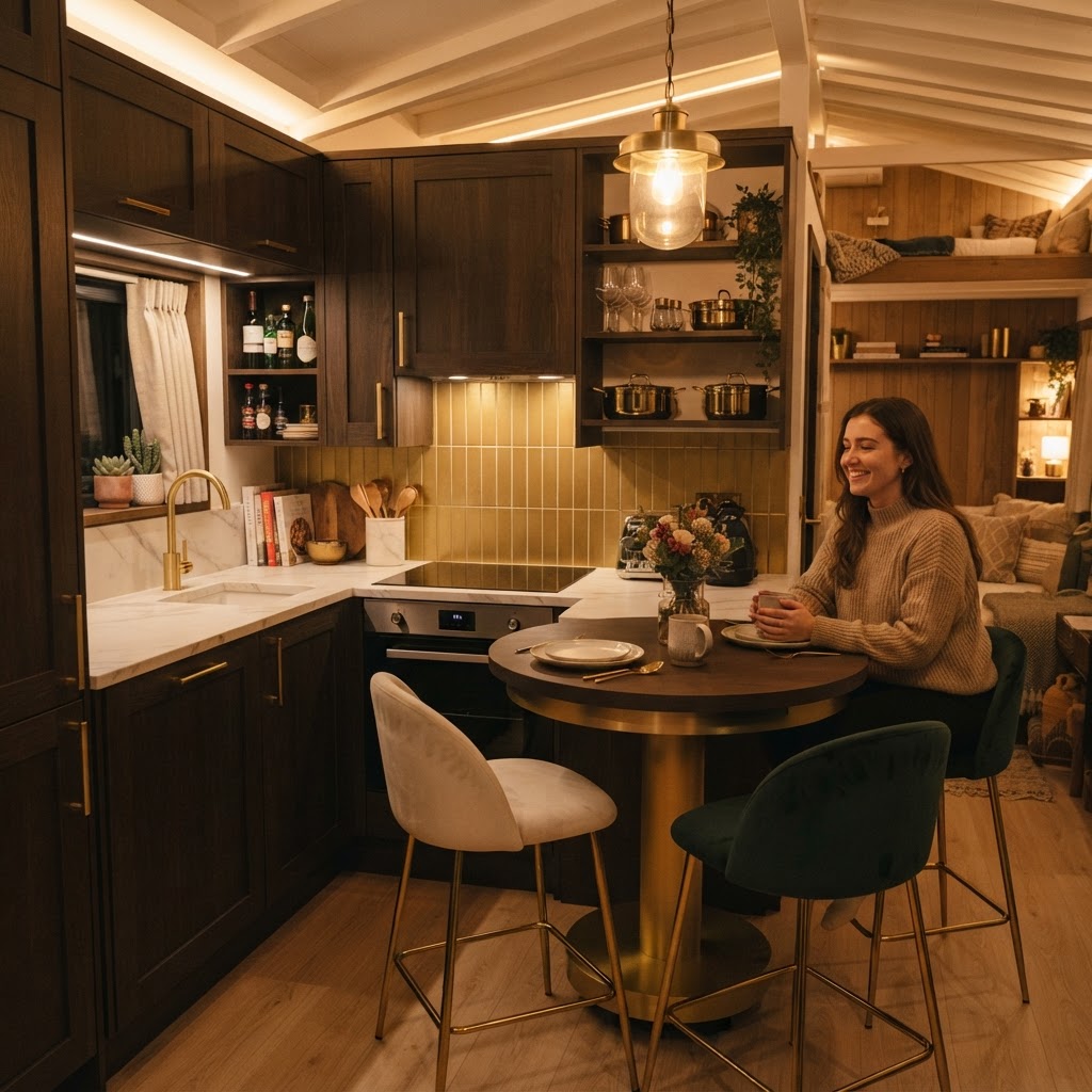 Warm materials bring character to compact tiny home kitchens.