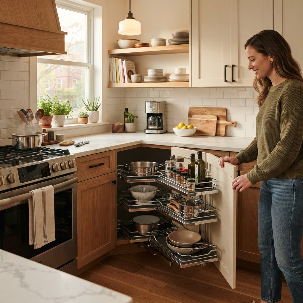Corner pull-out organizers turn deep, dark voids into functional storage.