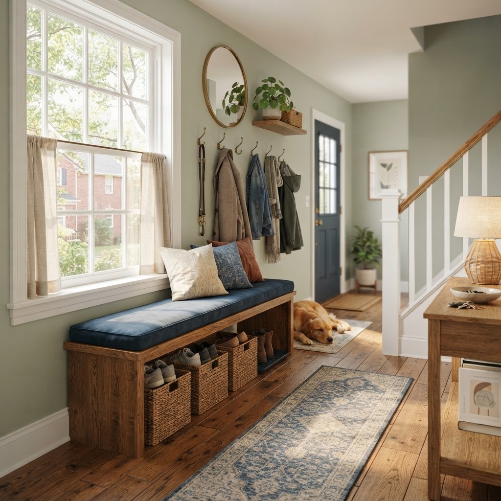 Hidden storage within a wooden bench keeps shoes neatly tucked away in a narrow townhome.
