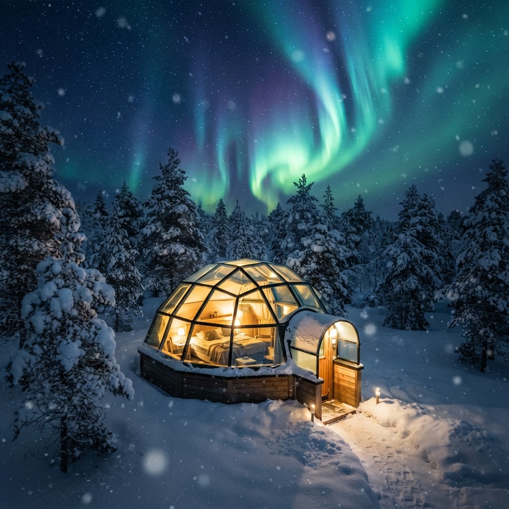 Glass igloos offer a comfortable way to watch the sky from your bed.