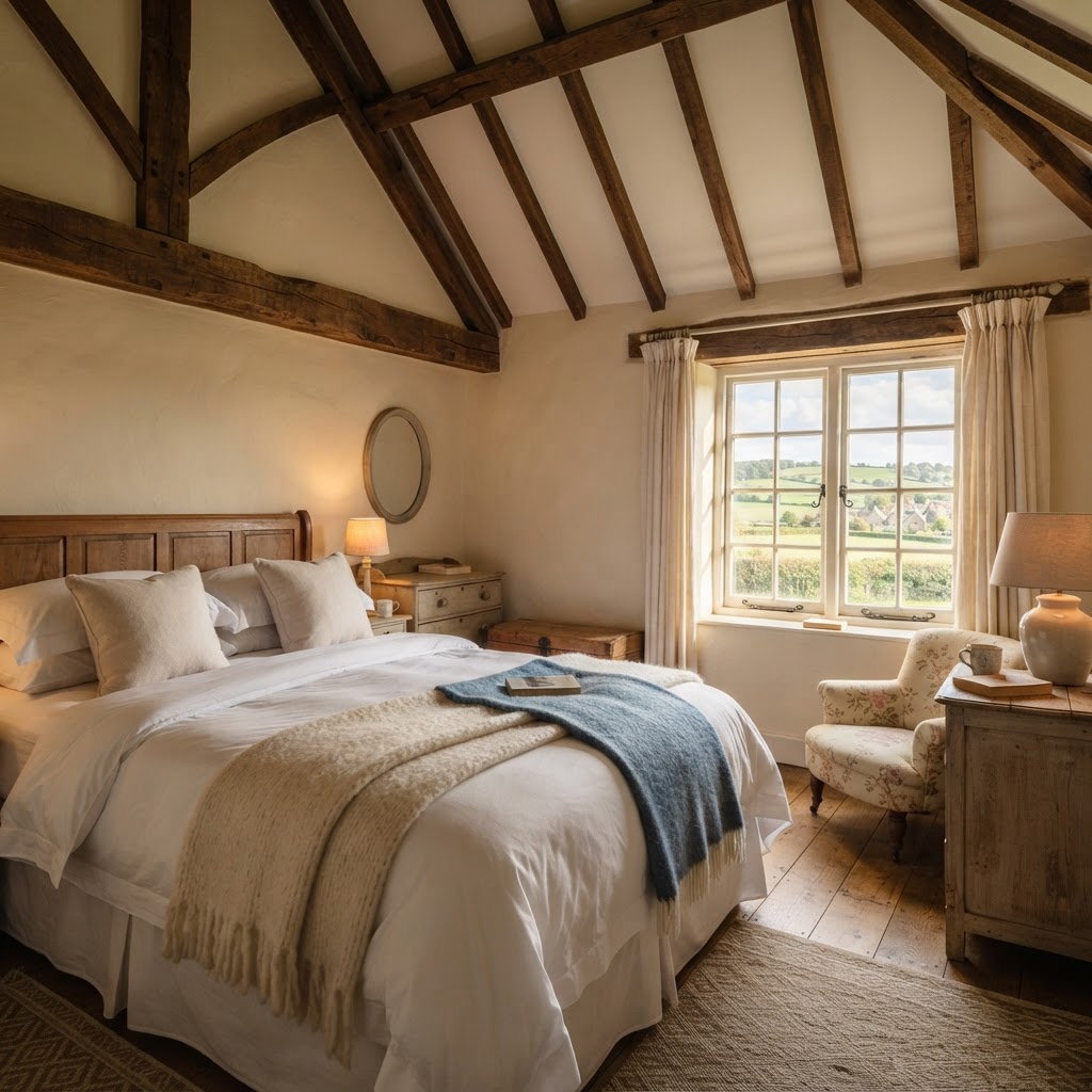 A cozy, affordable inn bedroom with a view.