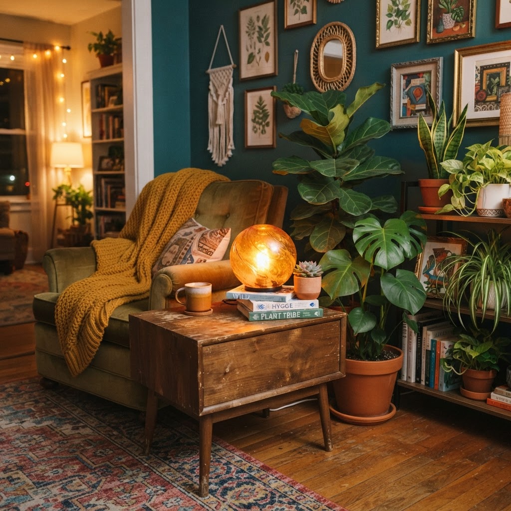 Eclectic, organic decor paired with a spherical glow lamp creates the ultimate cozy corner.