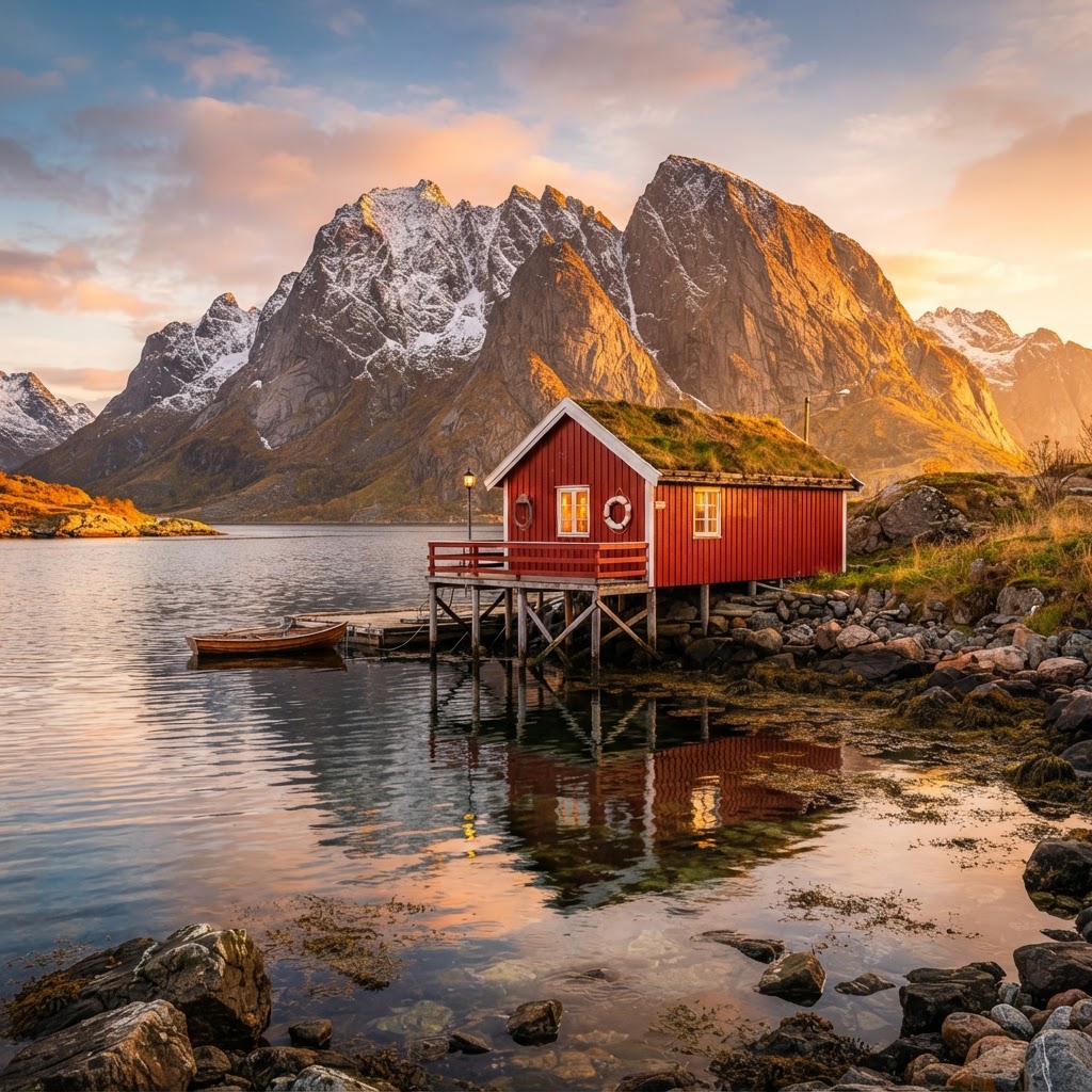 Traditional rorbuer cabins glowing under the arctic sunset.