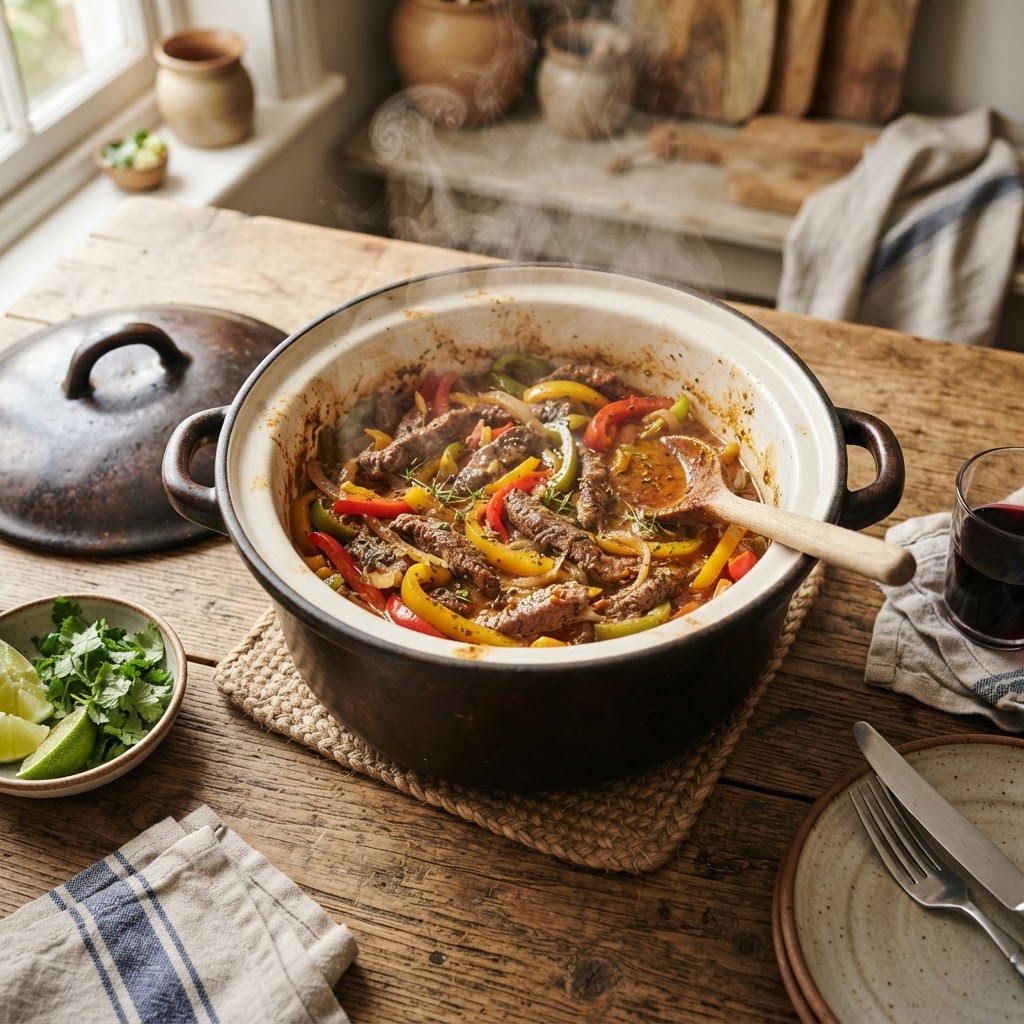 Freshly cooked steak fajitas prepared in a slow cooker.