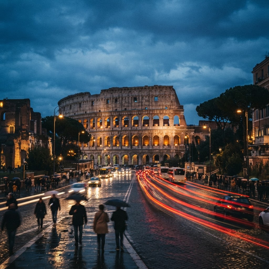 Rome’s Colosseum at Blue Hour: A Photographer's Guide 4 The monument framing the vibrant energy of Roman evening traffic.