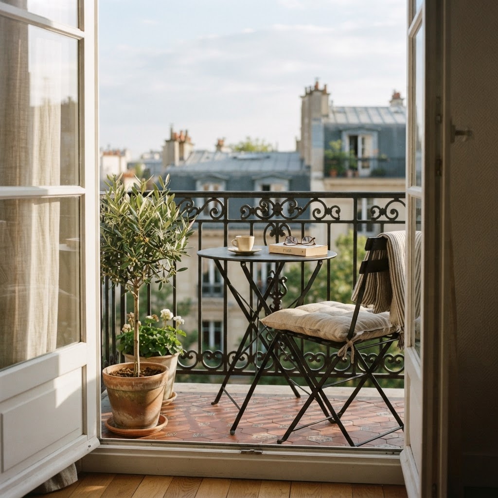 Quiet Luxury Paris Apartment Balcony Views to Save 3 Minimalist furniture creates an elegant, uncluttered outdoor sanctuary.