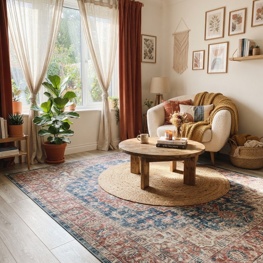 Layered rugs are perfect for covering up worn-out flooring in style.