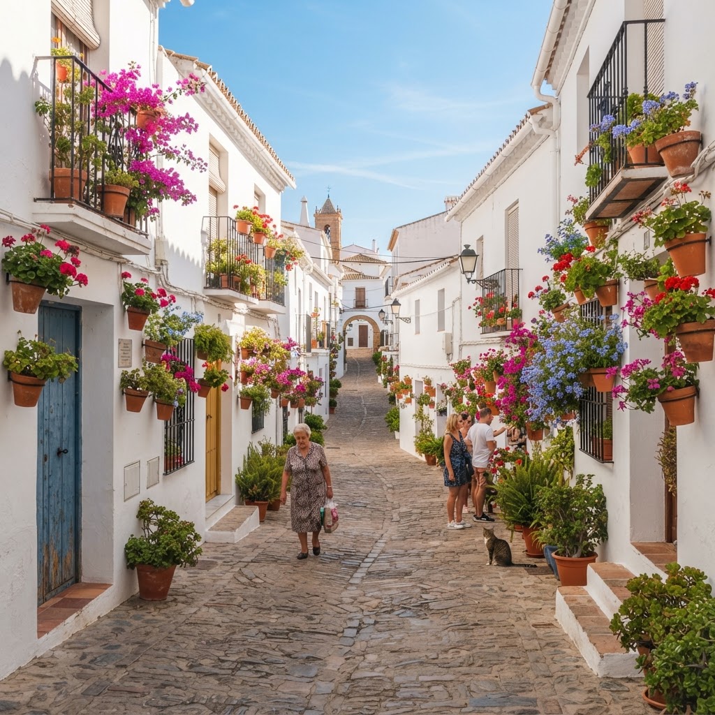 Flowers decorating the iconic narrow streets of a white village.