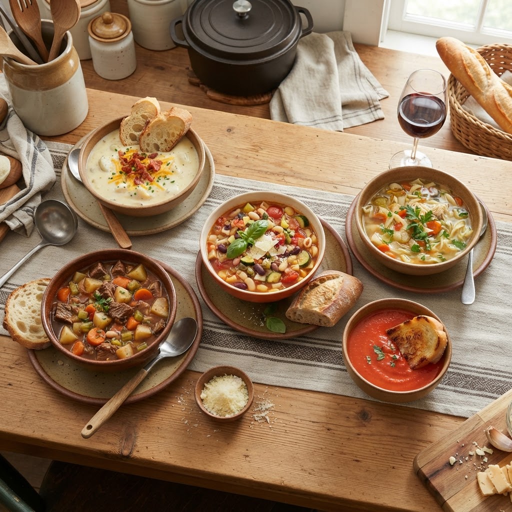 A variety of homemade slow cooker soups.