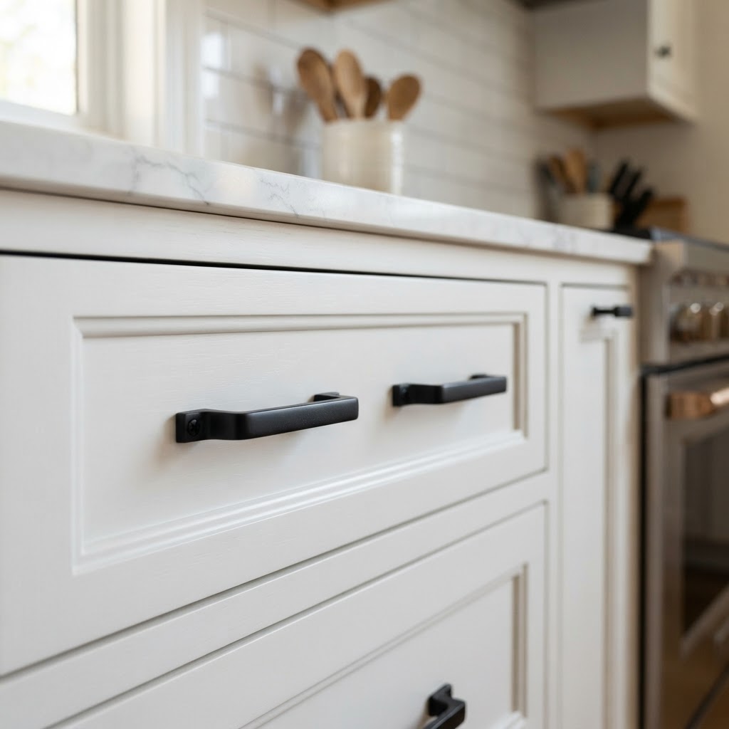 Upgrading hardware is a quick fix for a luxury kitchen feel.