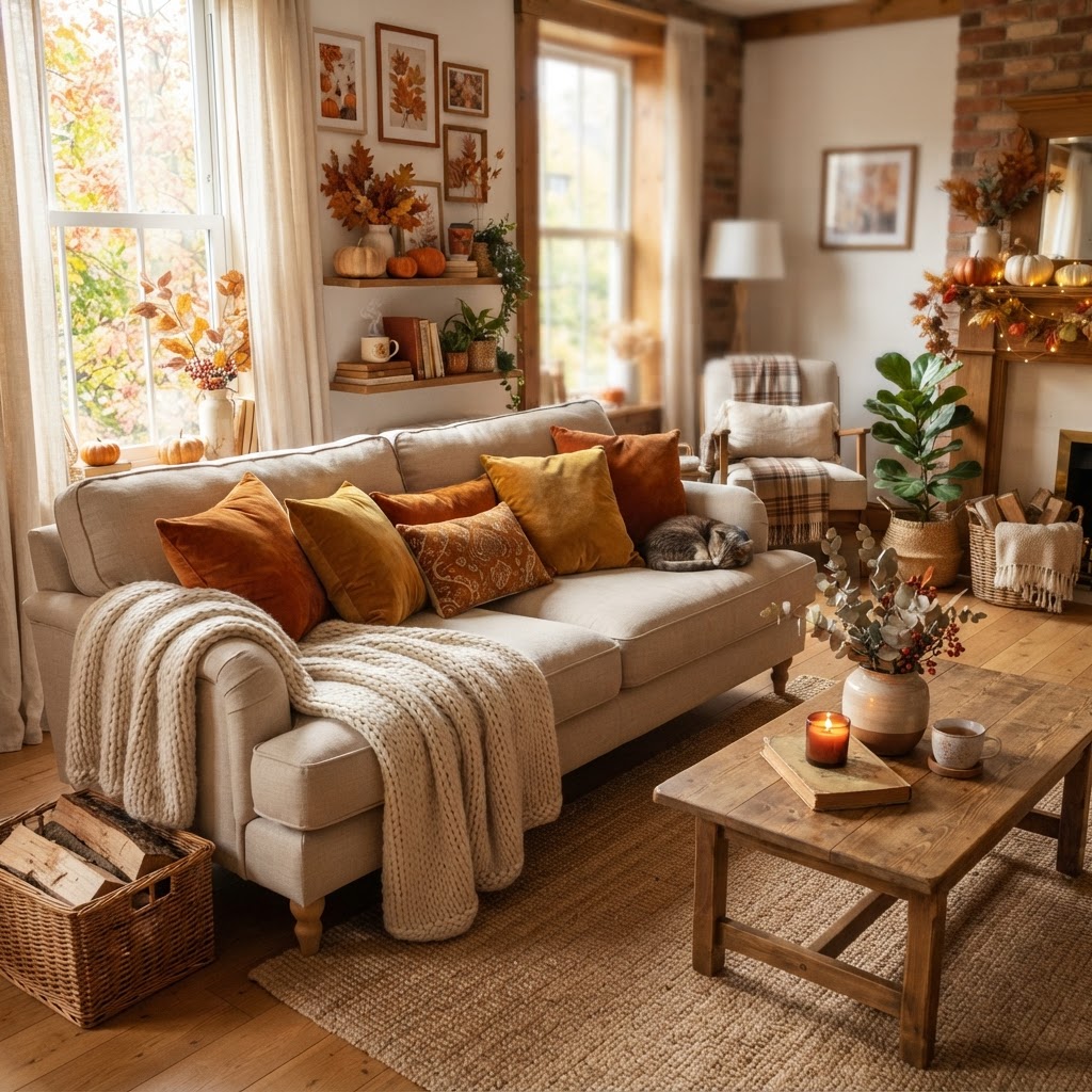 Transforming a neutral living room with textures and seasonal color accents.