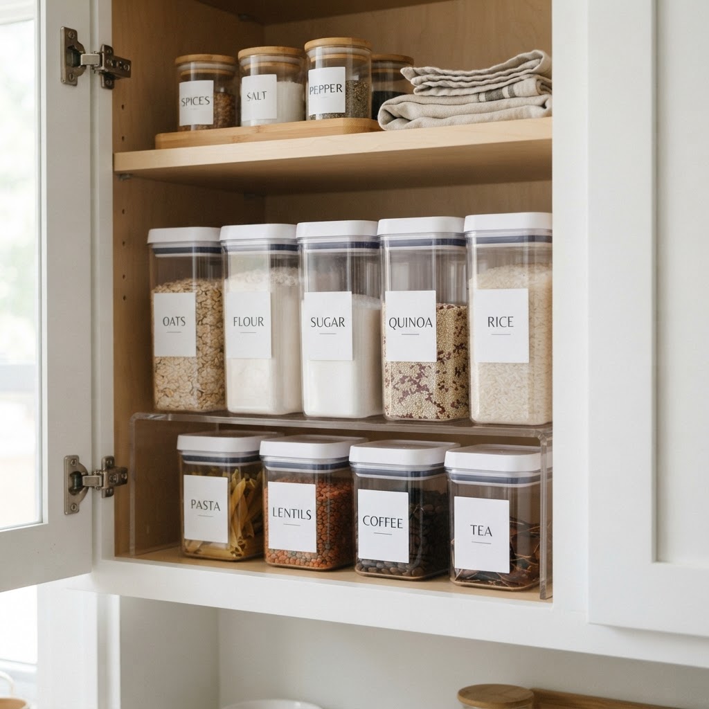 Shelf risers double your storage capacity instantly.
