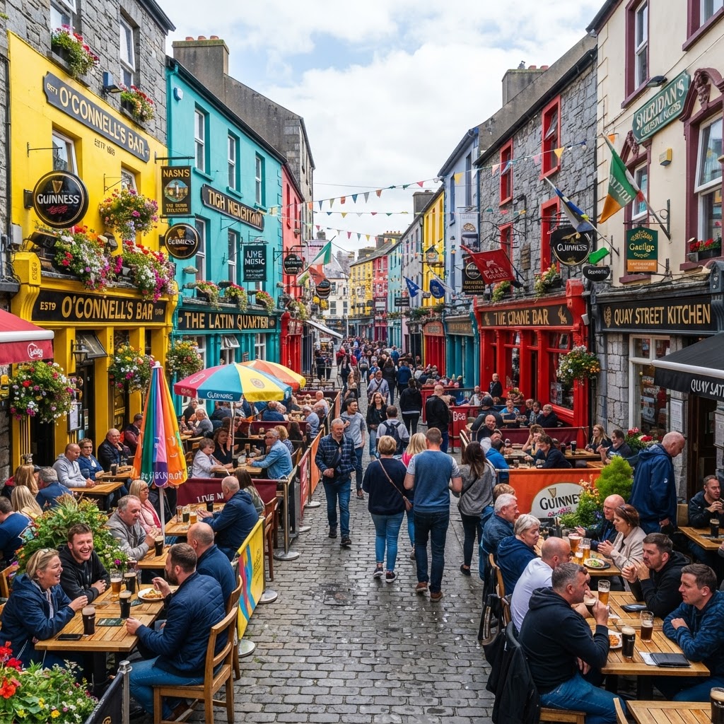 The lively, cobblestone atmosphere of Galway's famous Latin Quarter.