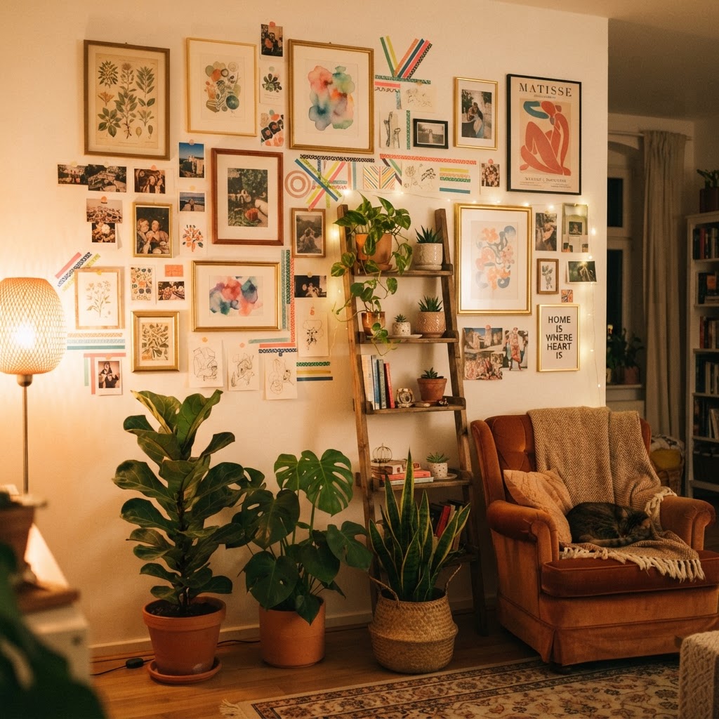 Mix prints, tape art, and shelves for an eclectic, cozy look.