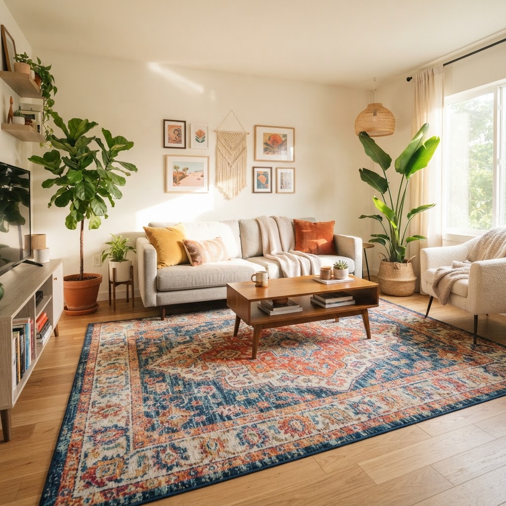 Textiles and greenery are the best ways to soften a rental space.