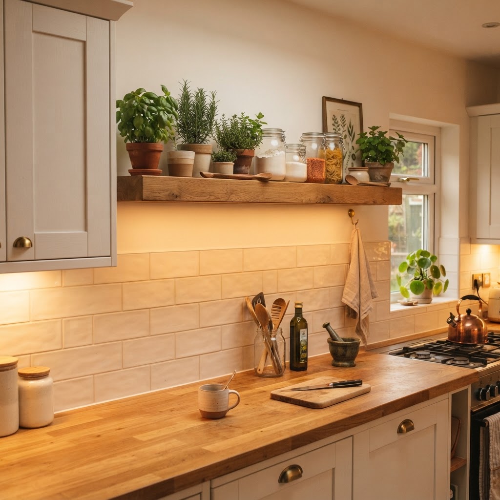 Floating shelves provide storage without visual clutter.