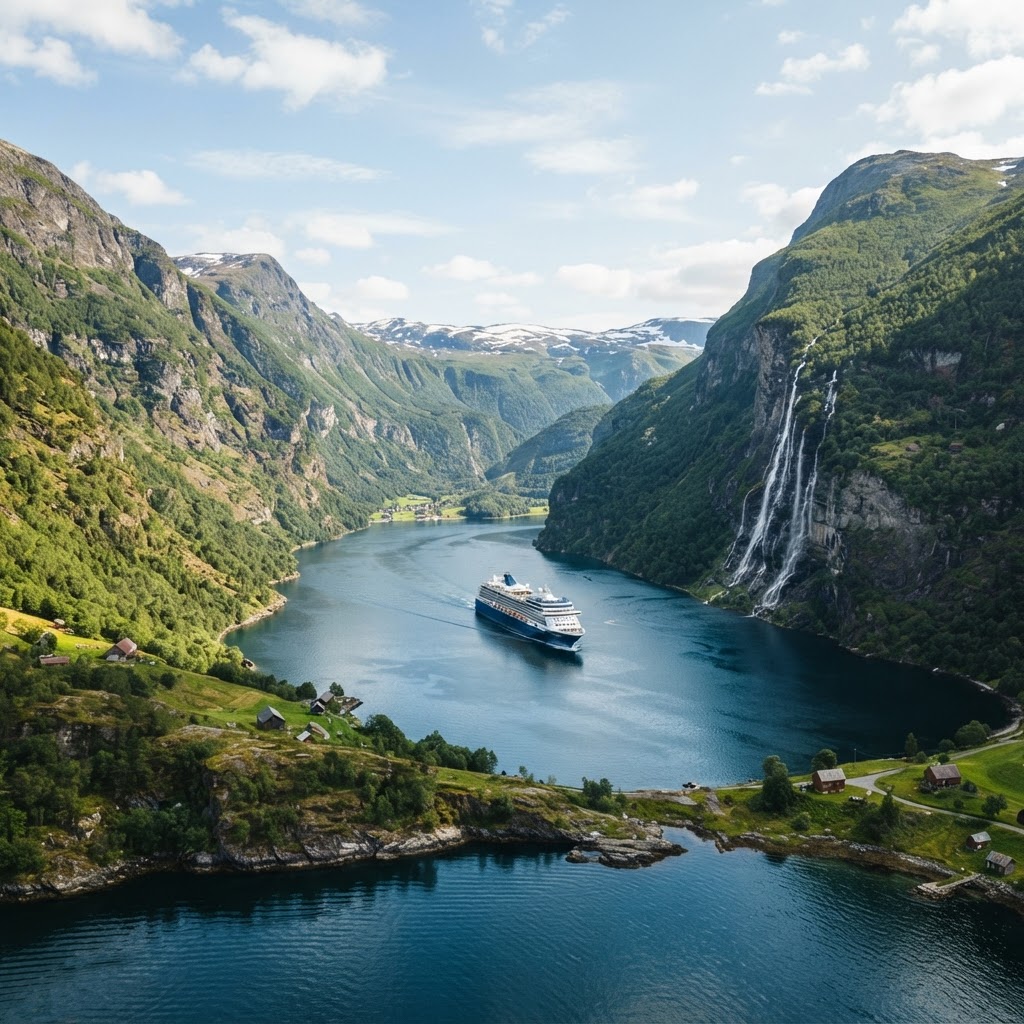 The iconic Geirangerfjord on a sunny summer day.