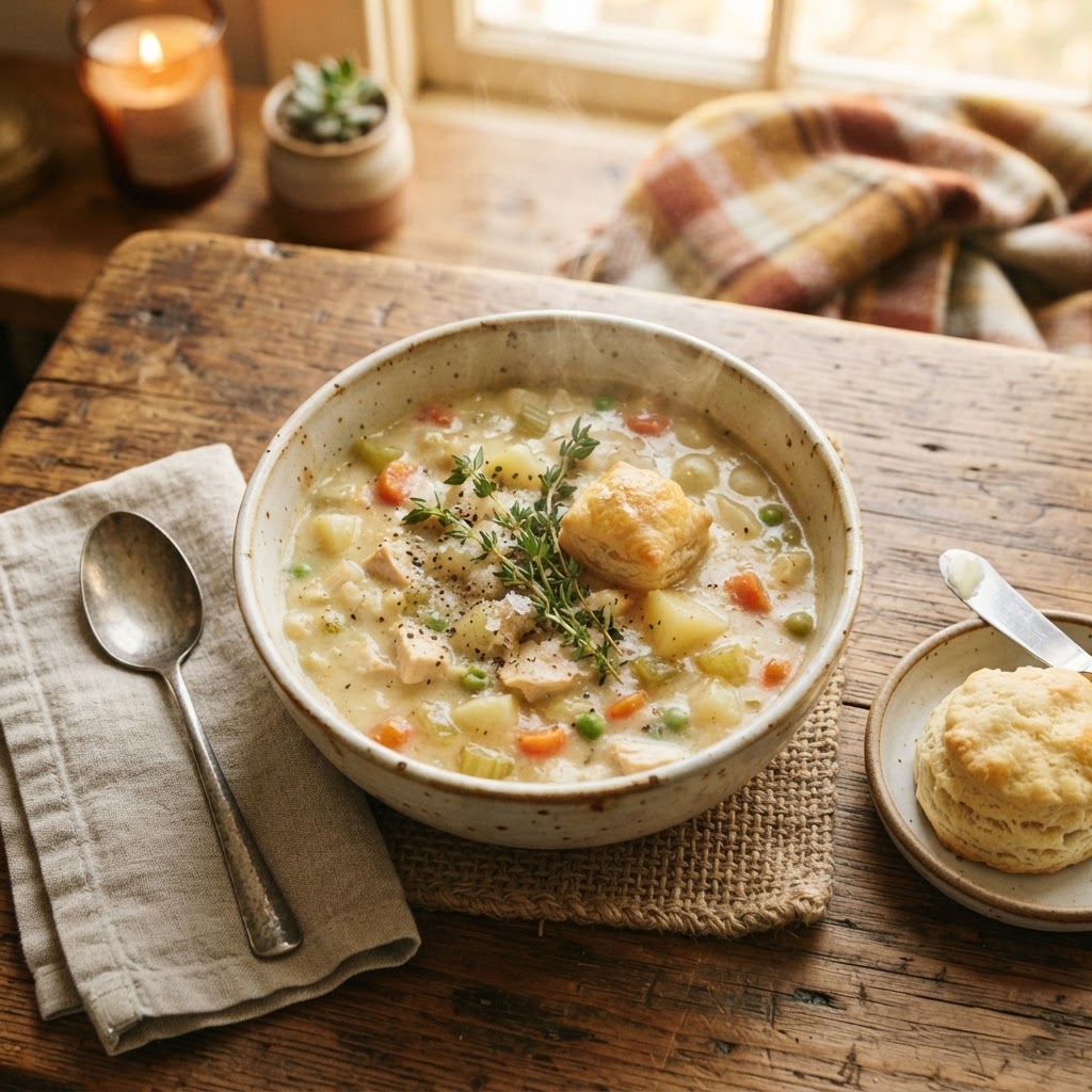 A bowl of healthy chicken pot pie soup ready for dinner.