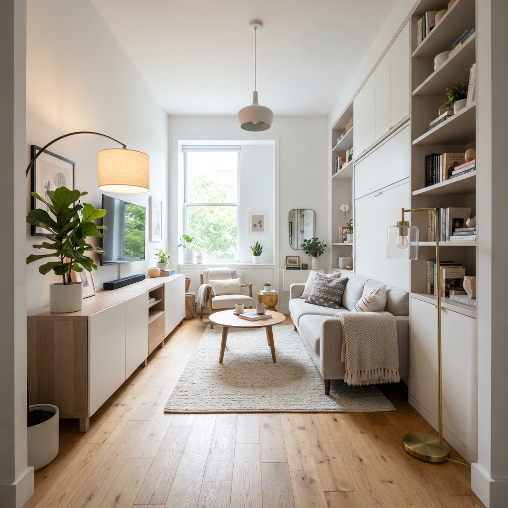 Closed storage helps keep small spaces feeling tidy and custom.