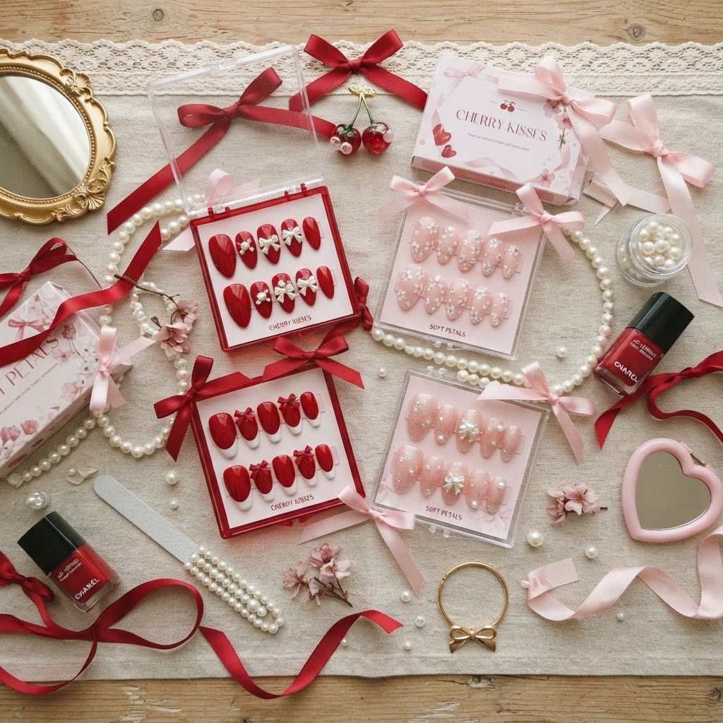 A collection of trendy press-on nail designs in cherry and pink tones.